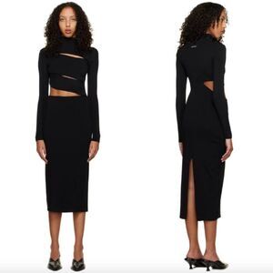 BOYAROVSKAYA black ribbed knit Fusilli cut out long sleeve mockneck midi dress